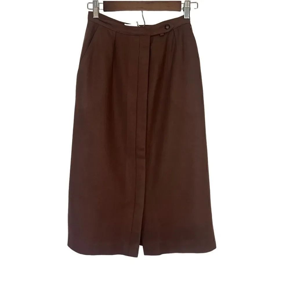 Vintage 1970s Evan Picone Brown Wool Skirt w/ Front Pleat and Pockets! Sz 6 EUC